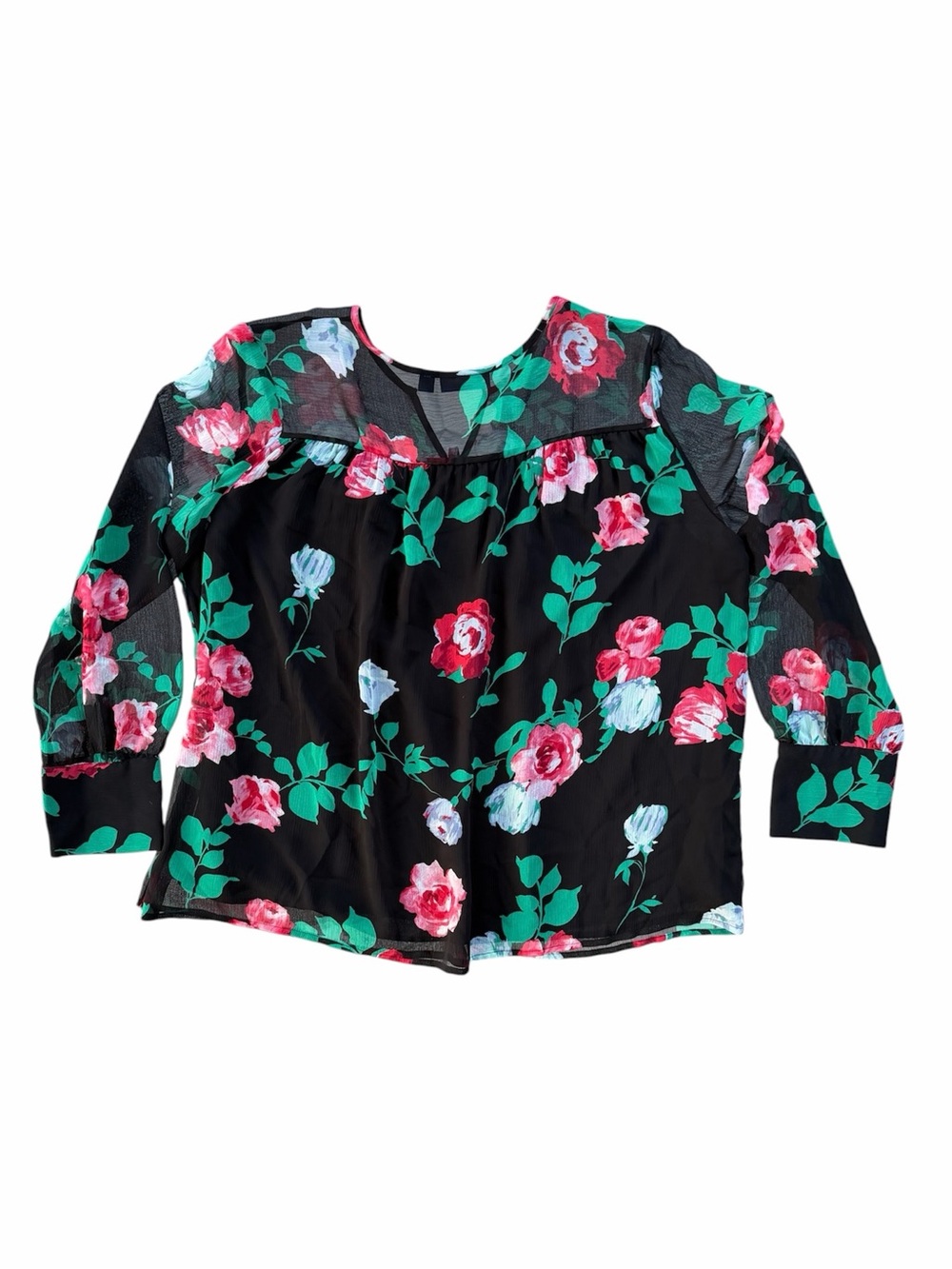 Apt 9. Semi-Sheer Black Crepe Floral Rose Garden Long Cuffed Sleeve Blouse ~ XL - Picture 2 of 7